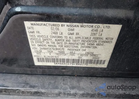 2006 Nissan Maxima 3.5 Sl from USA, damaged, VIN 1N4BA41E76C844170